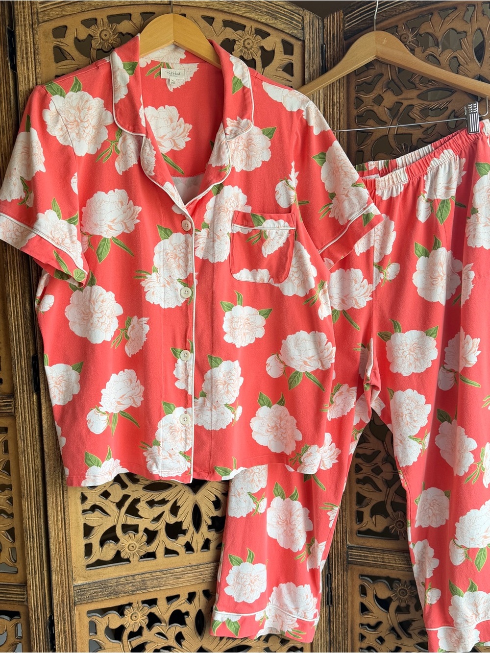 BedHead Organic Cotton Jersey Short-Sleeve Pajama Set, Perfect Peonies, XL